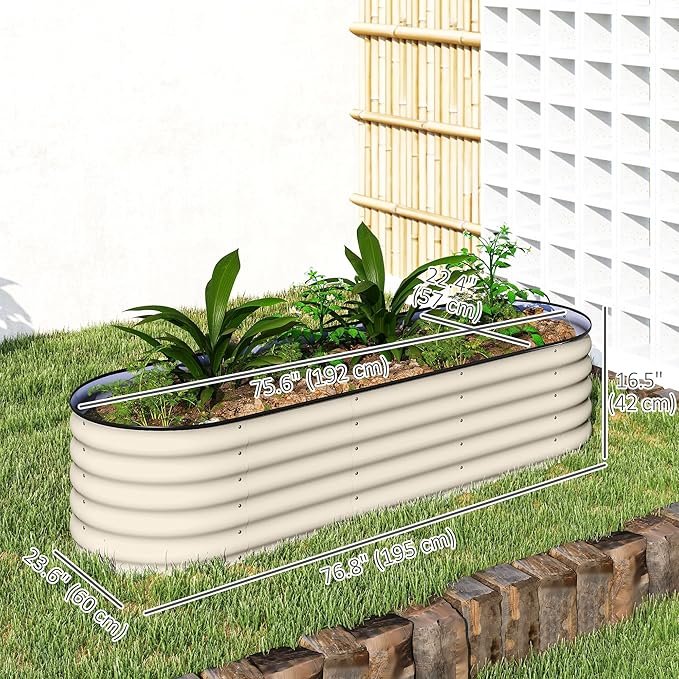 Outsunny 6.5' x 2' x 1.4' Galvanized Raised Garden Bed Kit, Outdoor Metal Elevated Planter Box with Safety Edging, Easy DIY Stock Tank for Growing Flowers, Herbs & Vegetables, Cream