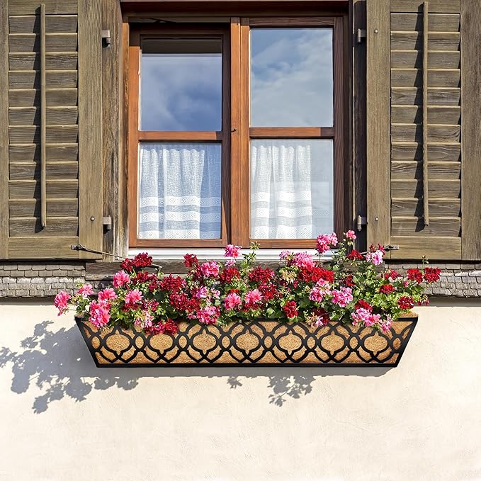 2pcs 30 Inch Window Deck with Coco Liner, 30" Window Boxes Horse Trough with Coconut Coir Liner, Metal Hanging Flower Planter Window Basket Deck Railing Planter Boxes for Outdoor Indoor Lawn
