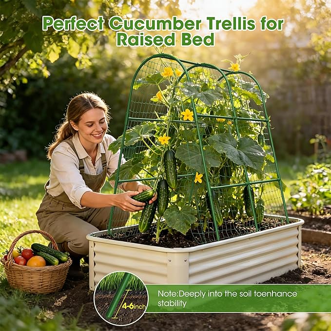 Cucumber Trellis for Raised Bed,U-Shape Garden Trellis for Climbing Plants Outdoor, Metal Arch Vegetables Trellis, Plant Support for Vine (Green, 31.5" Lx21.6 Wx47.2 H-Small)