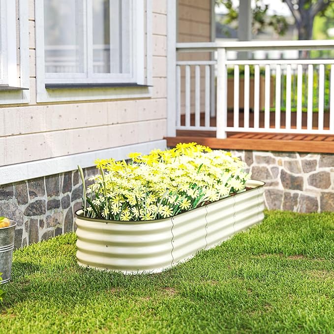 Outsunny 6.5' x 2' x 1' Galvanized Raised Garden Bed Kit, Outdoor Metal Elevated Planter Box with Safety Edging, Easy DIY Stock Tank for Growing Flowers, Herbs & Vegetables, Cream