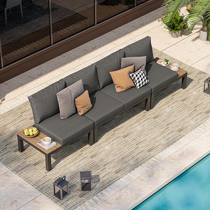 Aluminum Outdoor Patio Furniture Set, 4 Seats Modular Patio Sectional Sofa Set with Adjustable Backrest & Removable Cushions, All-Weather Outdoor Conversation Sets for Garden & Yard, Graphite