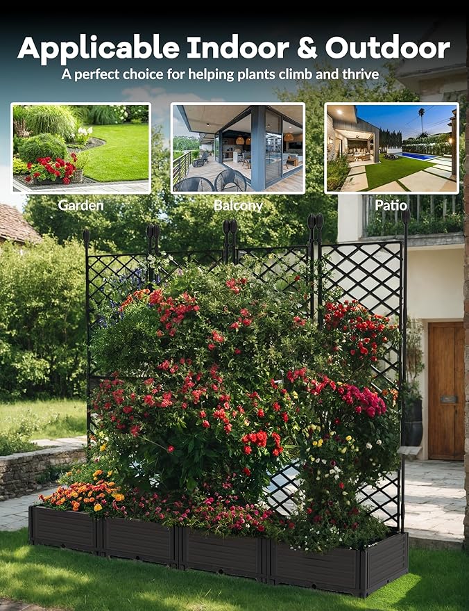 4 PCS Raised Garden Bed with Trellis & Privacy Screen, 66"w x 63"Tall Vertical Garden Planter Box for Climbing Plants - Sturdy Lightweight Outdoor Planter for Vegetables, Flowers on Patio, Balcony
