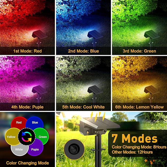 Solar Color Changing Spot Lights Outdoor Waterproof IP65, [8 Pack/32 LED/7 Modes] 2-in-1 Landscape Spotlights, Auto On/Off High Lumens Solar Spot Lights for Outside Yard Garden Pathway Walkway