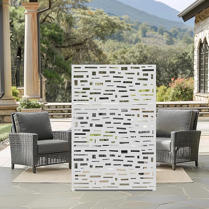 Casaphoria Metal Privacy Screen Outdoor, 72" H x 47" W Freestanding Decorative Privacy Screen for Patio Deck Balcony Garden with Stable Base, White-Gerald