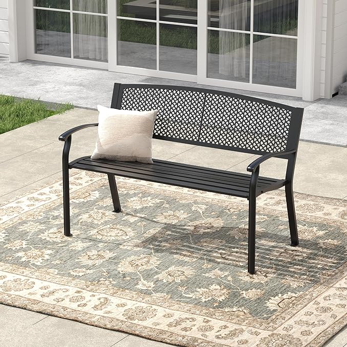50.4" Garden Bench, Metal Outdoor Bench with Backrest and Curved Armrests for Patio Porch Lawn, Black