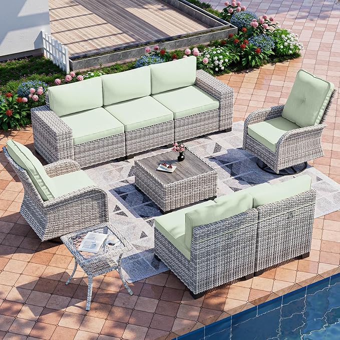 9-Piece Outdoor Patio Furniture Set with Rocking Swivel Chair Wicker Sectional Sofa Set, Patio Conversation Set with Thickened Cushions & Coffee Table for Garden, Backyard, Light Green