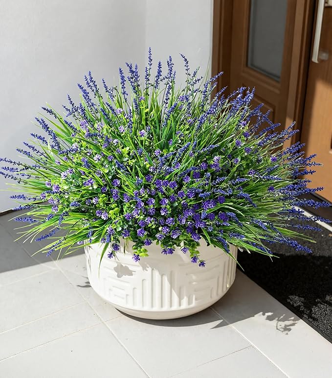 HyeFlora 20 Bundles Artificial Fake Outdoor Plants Flowers for Spring Decoration, UV Resistant Realistic Purple Plastic Flowers Faux Plant Monkey Grass for Planter Home Garden Porch Patio Window Box
