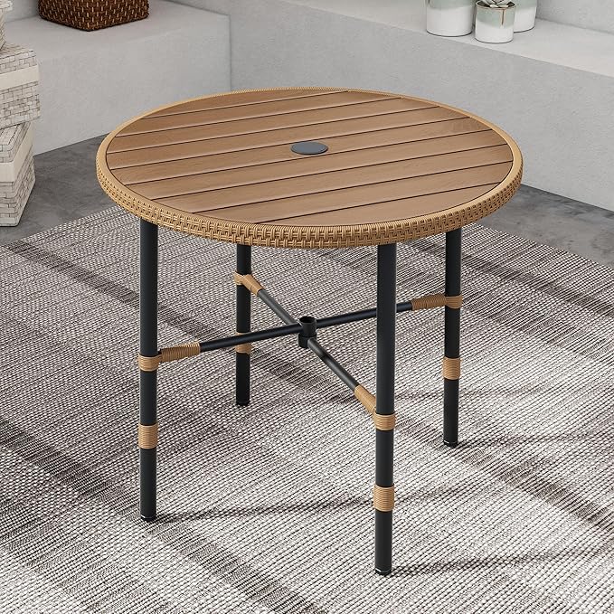 DWVO Outdoor Patio Dining Table Round for 4 35.4" Outdoor Tables with Umbrella Hole & Adjustable Levelers All-Weather Bistro Table with Metal Frame for Lawn Garden Backyard