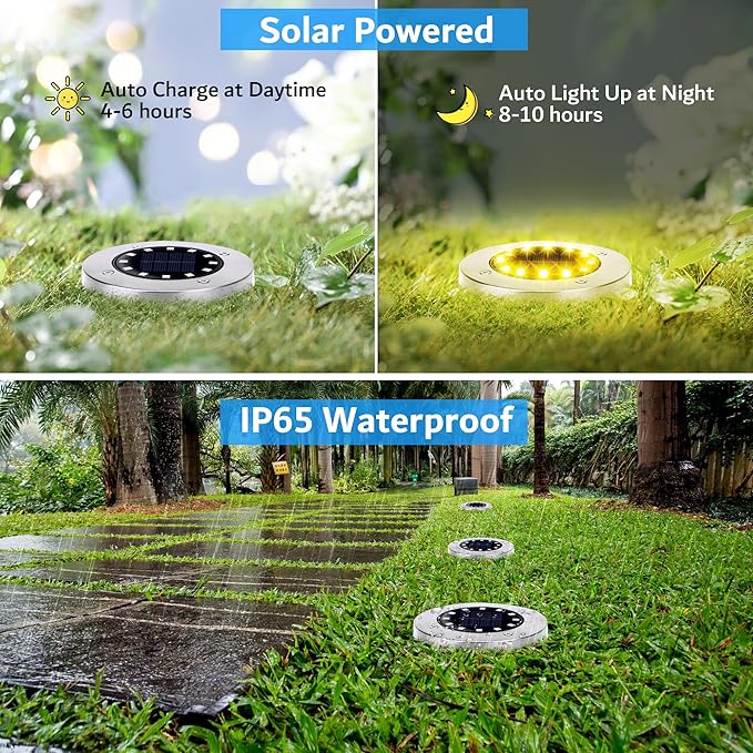 Biling Solar Ground Lights Outdoor 12 Packs, Bright 12 LEDs Solar Lights Outdoor Waterproof for Yard Walkway Garden Driveway (Warm White)