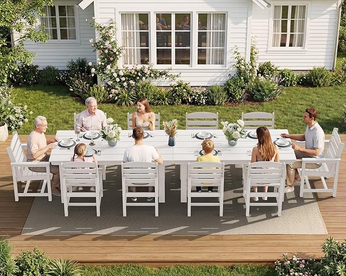 SERWALL Patio Dining Sets for 6 Person, HDPE Dining Set with 6 Armless Chairs, White