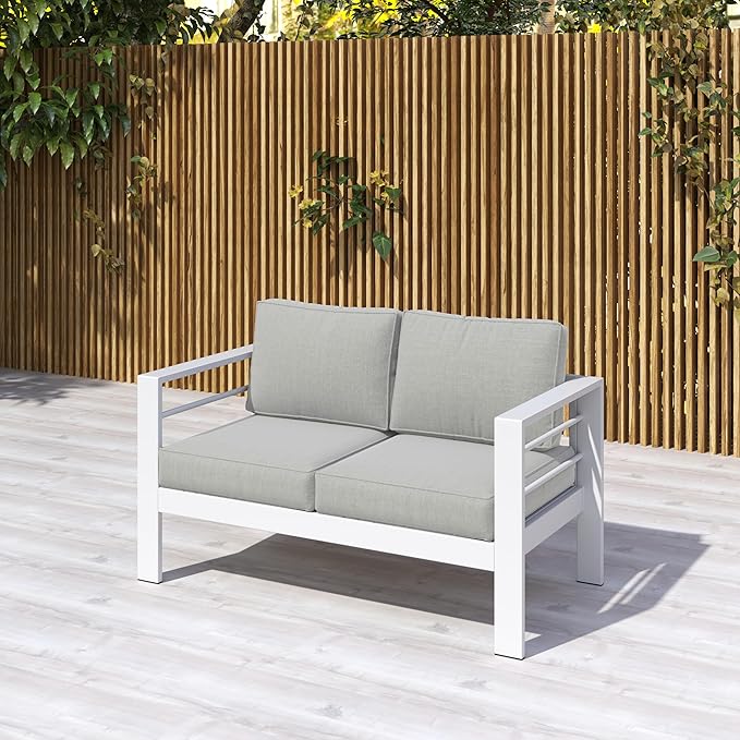 Kiss the Water Outdoor Patio Furniture Loveseat Sofa, All-Weather Metal Aluminum Patio Couch with 5" Thick and Soft Cushion and Wide Arm, Outdoor Couch for Balcony, Porch, Backyard