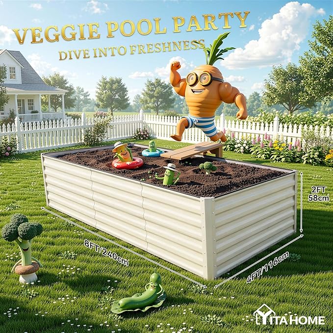 YITAHOME 8x4x2ft 2pcs Large Raised Garden Bed Kit, Galvanized Metal Planter Box with Gloves & Safety Rubber, Outdoor Above Ground Planters for Plants Vegetables Flowers, Cream Yellow