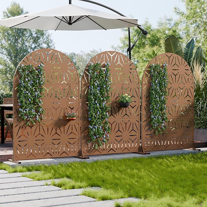 Casaphoria Metal Privacy Screen Outdoor, 72" H x 47" W Arched Freestanding Decorative Privacy Screen for Patio Deck Balcony Garden with Stable Base, Brown-Star
