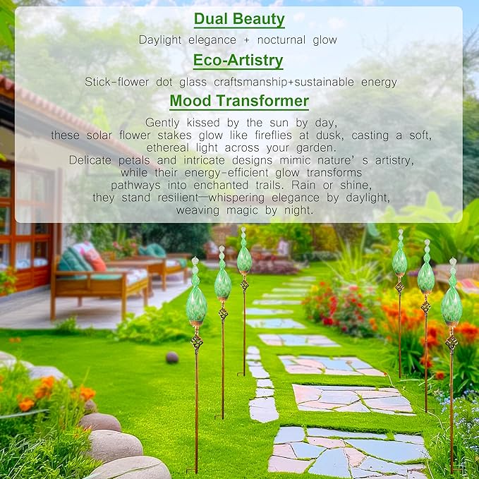 Solar Garden Lights Outdoor, Decorative LED Flame Garden Stakes, Hand Blown Glass and Outdoor Waterproof Glass Stakes (Green)