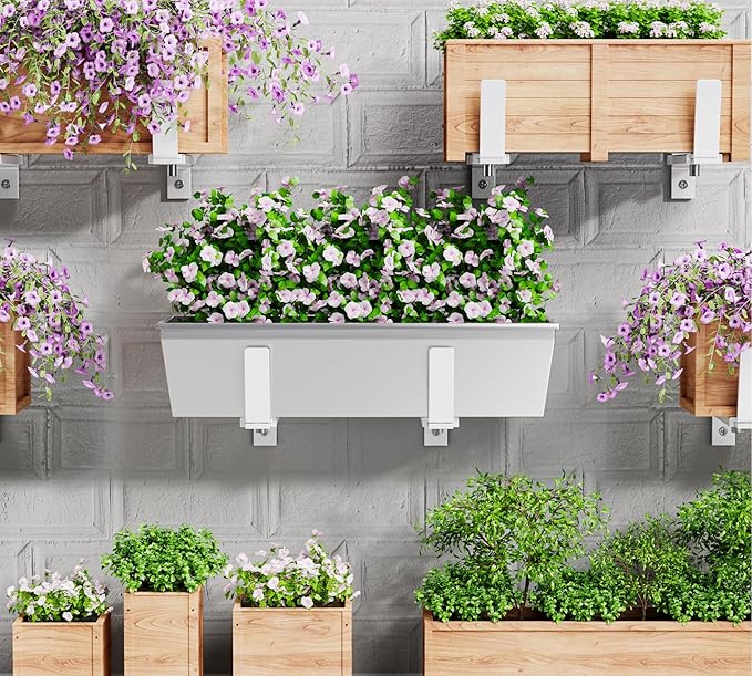 Y&M 6 Pack Adjustable Planter Brackets (6 to 12.5 in), Universal Window Box Brackets, Heavy Duty Iron Flower Box Wall Mounting Hooks for Balcony, Fences, Patio, and Garden - White