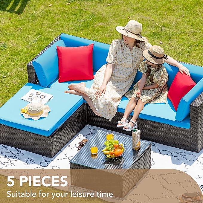 Devoko 5 Pieces Patio Furniture Sets All Weather Outdoor Sectional Patio Sofa Manual Weaving Wicker Rattan Patio Seating Sofas with Cushion and Glass Table (Blue)