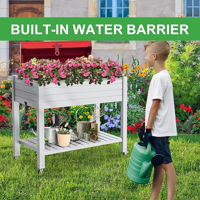 Raised Garden Bed with Legs, 33.66" Tall Self-Watering Resin Planter Box with Lockable Wheels Drainage Plug and Gauge for Vegetables, Flowers, Storage Shelf for Tools and Accessories (Ashen)