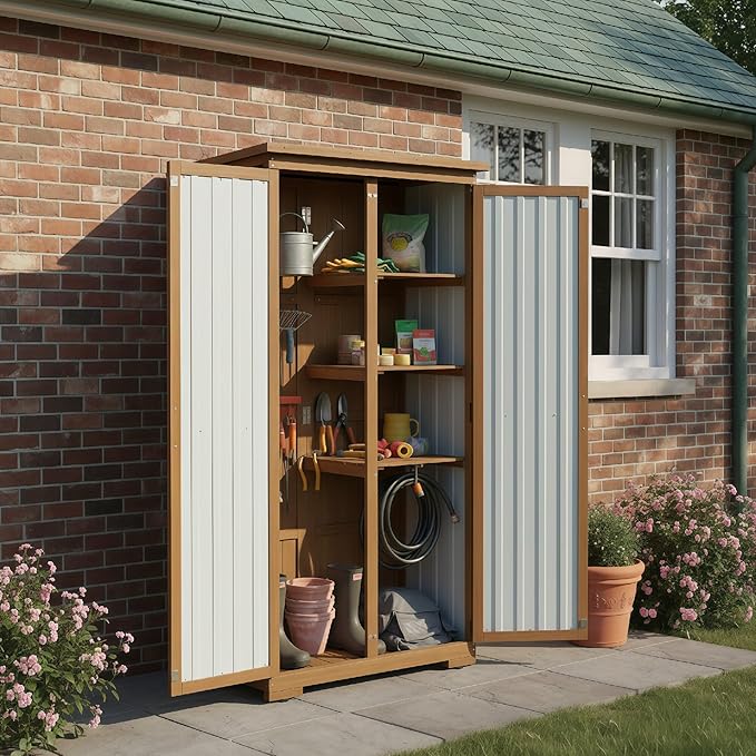 PetsCosset Outdoor Storage Cabinet, Wood & Metal Storage Shed with Weather-Resistant Roof, Removable Shelves, Lockable Doors, Outside Storage Tool Organizer for Garden, Patio, Backyard, Garage, Pool