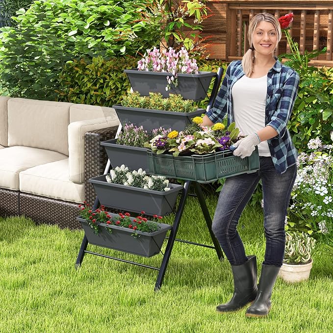 Giantex Set of 2 Vertical Raised Garden Bed on Wheels, Elevated Planter Raised Beds with Water Drainage, Freestanding 5 Container Boxes for Vegetables and Flowers Growing, Outdoor Indoor Patio Balcony