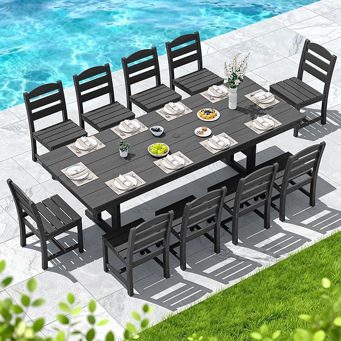 SERWALL 11 Piece Outdoor Dining Set, 84" HDPE Outdoor Table and Chairs for 10，All Weather Patio Furniture Set with Umbrella Hole for Backyard, Garden, Black