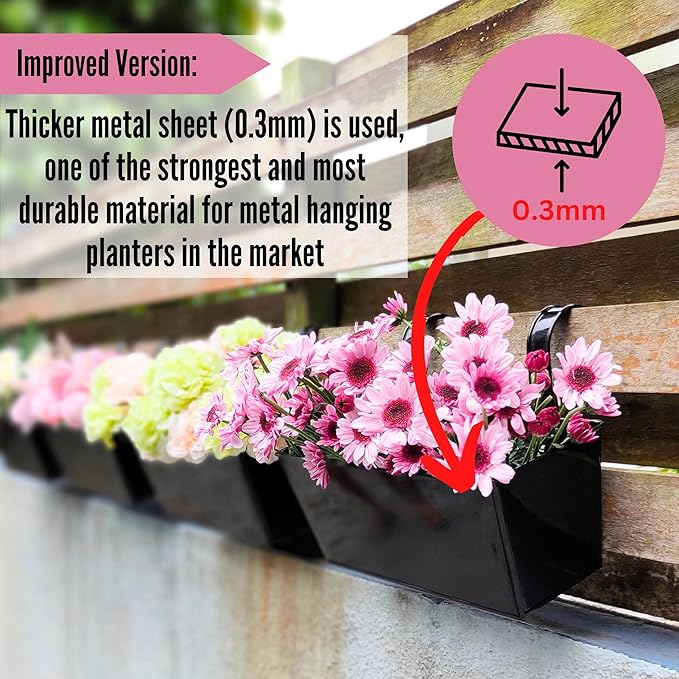 LaLaGreen Rail Planter Box (4 Pack, 16 Inch) Large Black Metal Hanging Flower Pots, Rectangle Outdoor Strawberry Plant Holder Window Balcony Deck Railing Fence Minimalist Farmhouse Countryside Style