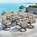 Patio Dining Set 7 Piece, 6 x Woven Rattan Swivel Chairs with Waterproof Cushion, 59" Rectangular Metal Dining Table with Umbrella Hole, Outdoor Table and Chairs Set for Backyard Lawn and Deck, Beige