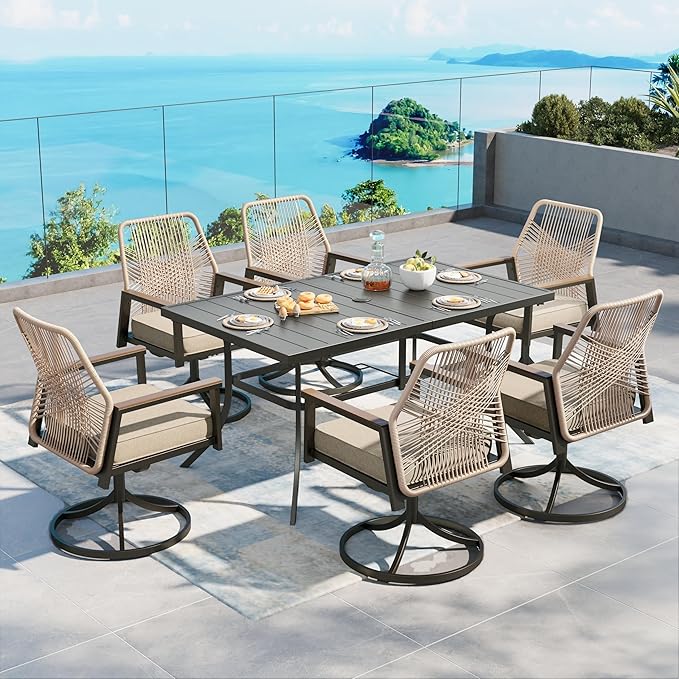 Patio Dining Set 7 Piece, 6 x Woven Rattan Swivel Chairs with Waterproof Cushion, 59" Rectangular Metal Dining Table with Umbrella Hole, Outdoor Table and Chairs Set for Backyard Lawn and Deck, Beige