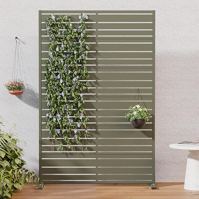 Casaphoria Metal Privacy Screen Outdoor, 72" H x 47" W Freestanding Decorative Privacy Screen for Patio Deck Balcony Garden with Stable Base, Grey-Benjamin