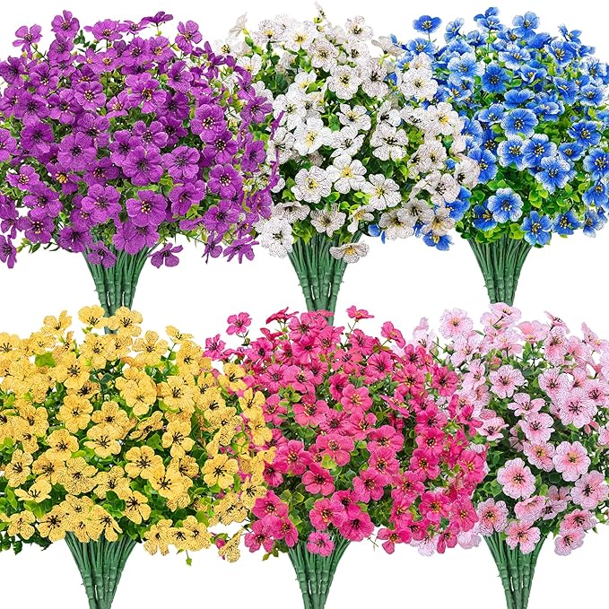 Bassion Artificial Flowers for Outdoors, 24 Bundles UV Resistant Fake Flowers Realistic Silk Faux Plants for Outdoor Planter Window Box Porch Patio Garden Home Outside Decorations
