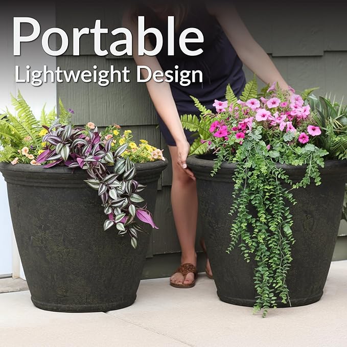 Sunnydaze 24-Inch Anjelica Large Plastic Pot for Plants - Outdoor Double-Walled Large Plastic Planter with Drillable Drainage Holes - Sable - 4pk