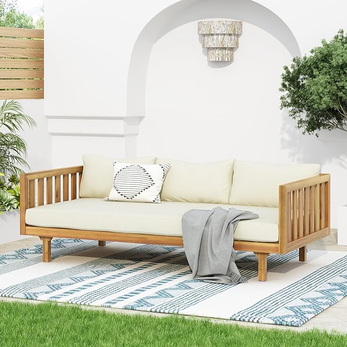 Merax Outdoor Acacia Wood Conversation Set - Patio 3-Seat Loveseat Sofa w/Coushion and Round Coffee Table for Backyard, Lawn, Balcony, Teak+Beige