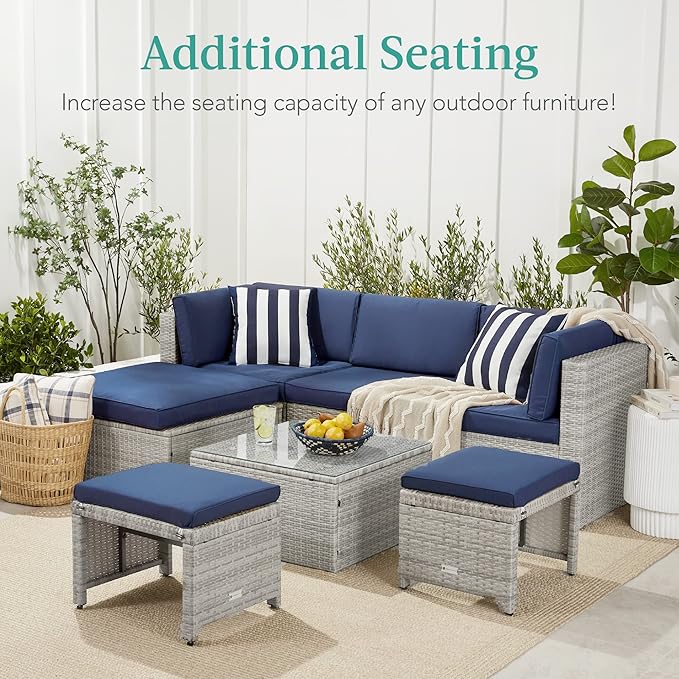Best Choice Products Set of 2 Wicker Ottomans, Multipurpose Outdoor Furniture for Patio, Backyard, Additional Seating, Footrest, Side Table w/Removable Cushions, Steel Frame - Cement Gray/Taupe