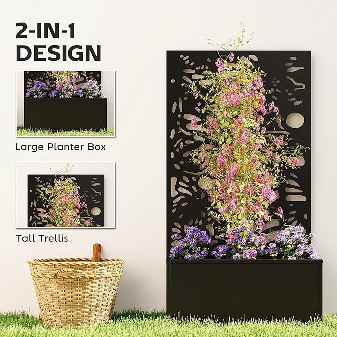 Outsunny Metal Raised Garden Bed with Trellis for Climbing Plants, Freestanding or Wall Mounted Flower Bed with Privacy Panel, Butterfly Cut-Out Outdoor Planter Box for Garden, Patio, Balcony