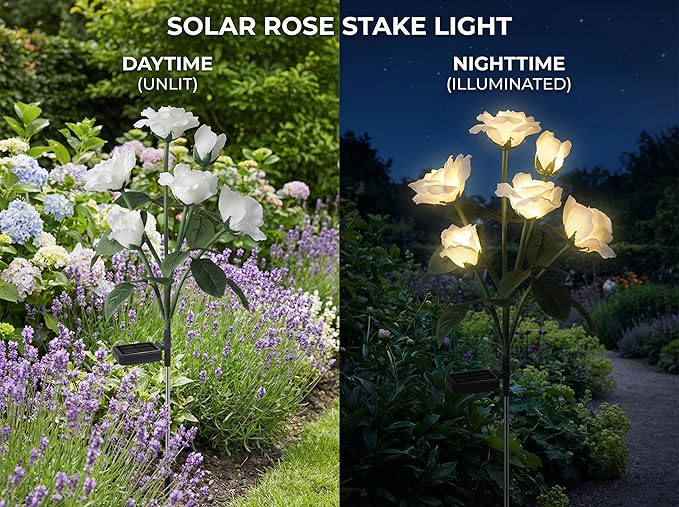 Solar Garden Rose Lights by FANCYPOP, 2 Pack Most Realistic 12 LED Flower Stake Lights, IP65 Waterproof 7 Color Changing Solar Decor for Walkway/Graveyard, Heartwarming Gifts for Grandma & Mom, White