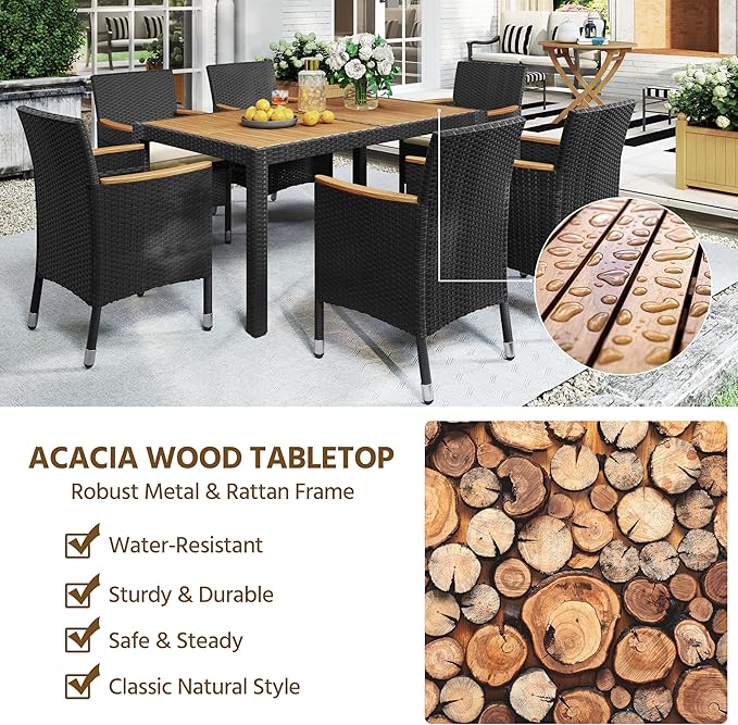 Yaheetech 7 Piece Patio Furniture Set, Outdoor Dining Acacia Wood Table Top Rattan Conversation Set with Soft Cushions, 6 Chairs & 1 Table for Backyard, Deck, Garden & Yard, Black/Beige