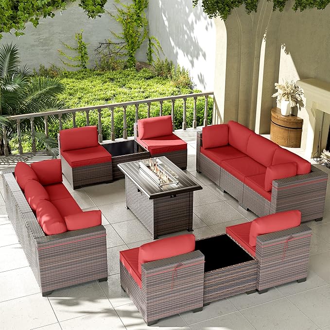 Kullavik 13 Pieces Outdoor Patio Furniture Set with 43" 55000BTU Gas Propane Fire Pit Table PE Wicker Rattan Sectional Sofa Patio Conversation Sets,Red