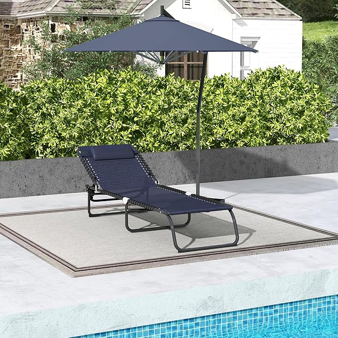 Outsunny Folding Chaise Lounge Chair, Patio Sun Tanning Chair, Outdoor Chaise Lounger with 4-Position Reclining Back, Breathable Mesh Seat for Beach, Poolside, Yard, Dark Blue