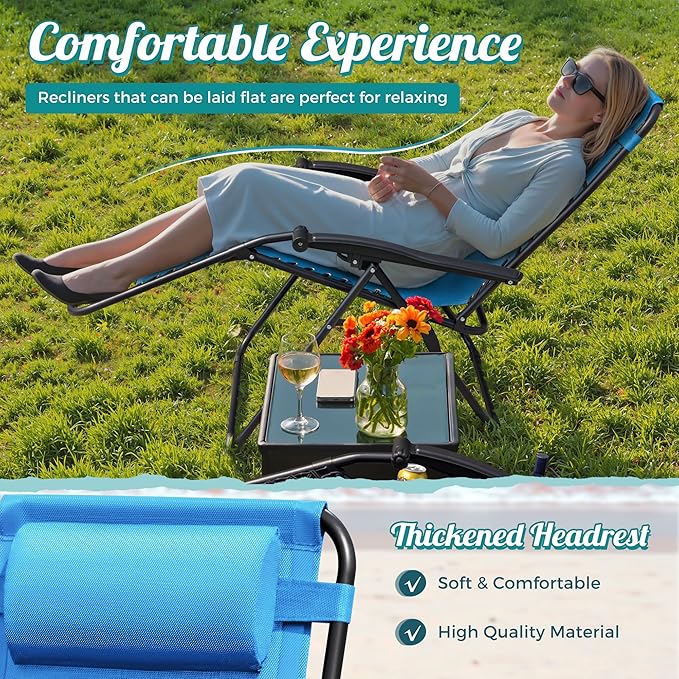 Homall Zero Gravity Chair Adjustable Folding Lawn Lounge Chairs Outdoor Lounge Gravity Chair Camp Reclining Chair with Pillows for Poolside Backyard and Beach Set of 2 (Sky Blue)
