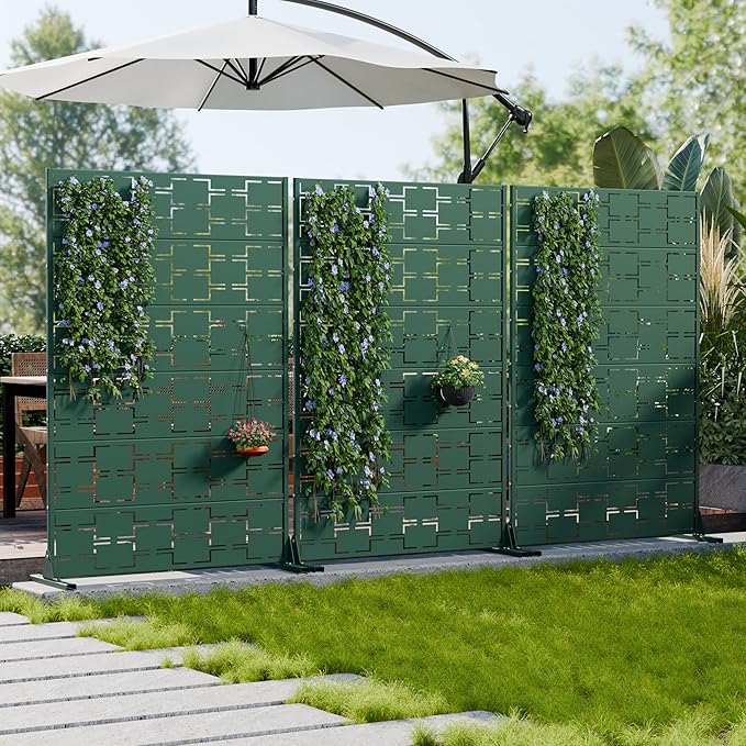 Casaphoria Metal Privacy Screen Outdoor, 72" H x 47" W Freestanding Decorative Privacy Screen for Patio Deck Balcony Garden with Stable Base, Drakgreen-Square