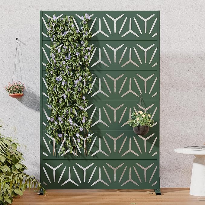 Casaphoria Metal Privacy Screen Outdoor, 72" H x 47" W Freestanding Decorative Privacy Screen for Patio Deck Balcony Garden with Stable Base, Drakgreen-Star