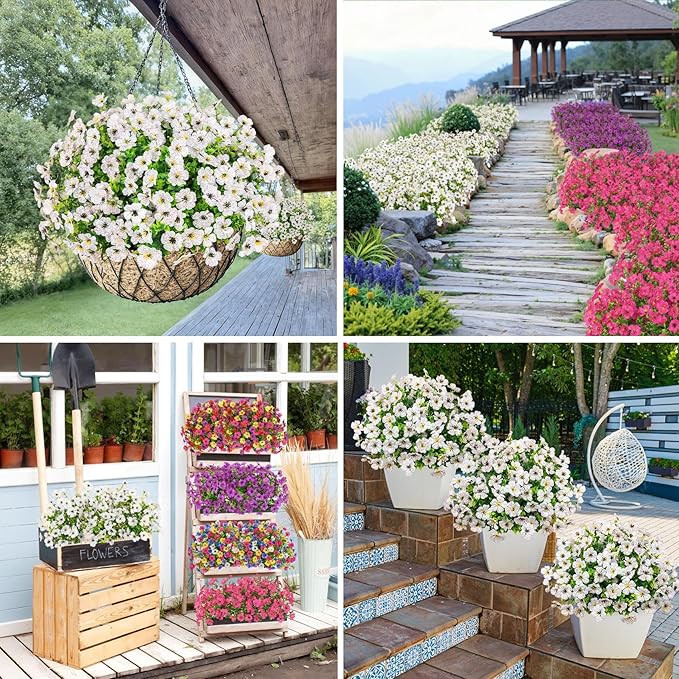 Bassion Artificial Flowers for Outdoors, 24 Bundles UV Resistant Fake Flowers Realistic Silk Faux Plants for Outdoor Planter Window Box Porch Patio Garden Home Outside Decorations