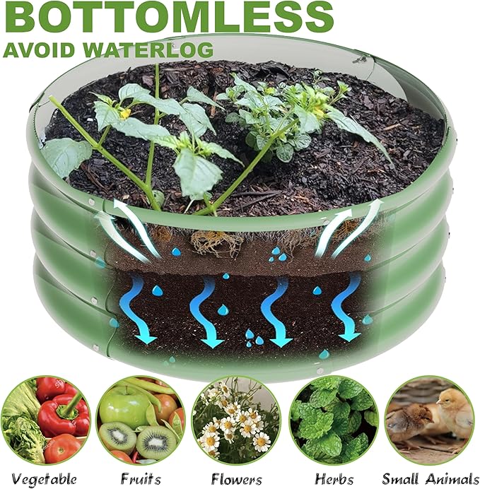 2Pcs 2X2X1ft Round Raised Garden Bed Kit,Galvanized Raised Garden Beds Outdoor, Metal Planter Box Steel Kit Flower Herb,Vegetables..Grass Green