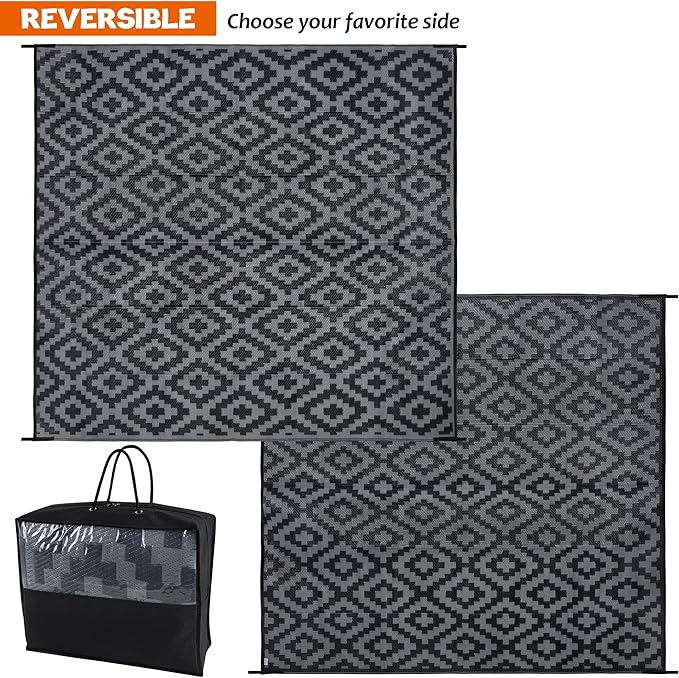 SAND MINE Waterproof Outdoor Rug 8x8 ft, Plastic Reversible Rug, Modern Area Rug, Large Floor Mat for Outdoors, RV, Patio, Backyard, Deck, Picnic, Beach, Camping (8' x 8', Black Grey Lattice)