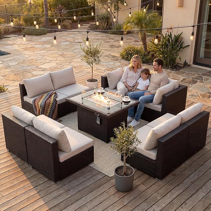 NICESOUL 29.3'' High Back Outdoor Patio Sectional Furniture with Firepit Table Natural Gas & Propane Convertible, 8 Seater Deep Wide Modern Couch, Extra Large Wicker Conversations for Backyard, Brown