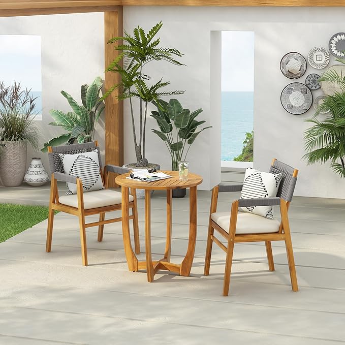 Christopher Knight Home Zed 3 Pieces Outdoor Dining Set, Acacia Wood Dining Chairs and Table, Slats Panel Design Round Table, Wooden Frame, 2 Seater Bistro Set for Balcony Backyard Garden, Teak+Grey