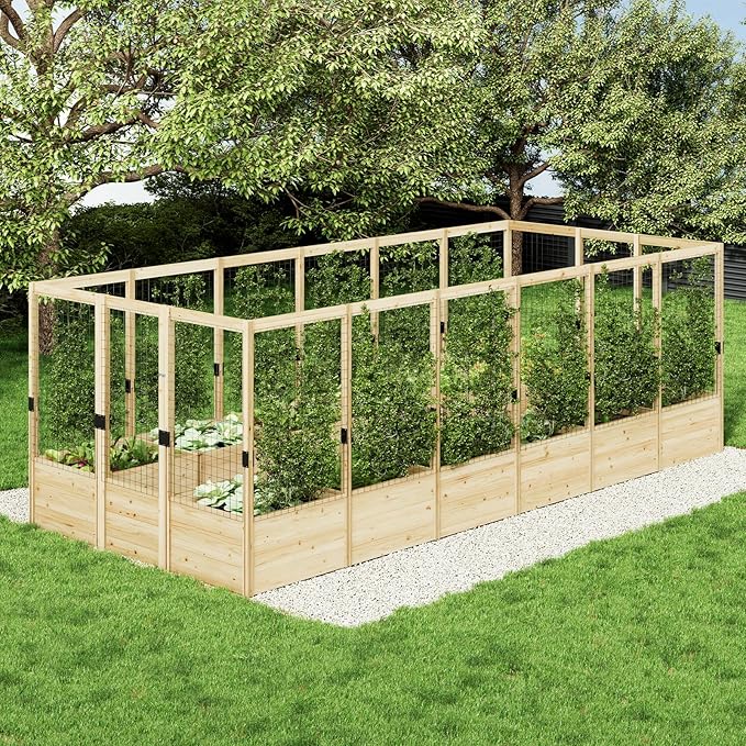 AMERLIFE Raised Garden Bed with Deer Proof Fence, 7.5Wx17Dx6H Outdoor Wooden Raised Garden Bed Planter with 19" Depth Planter Box