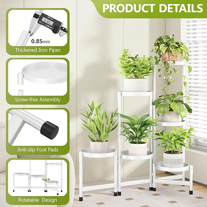 6 Tier Plant Stand Indoor, Tiered Plant Stand Outdoor for Multiple Plants, Corner Plant Shelf for Patio Balcony Porch Garden Living Room House,White
