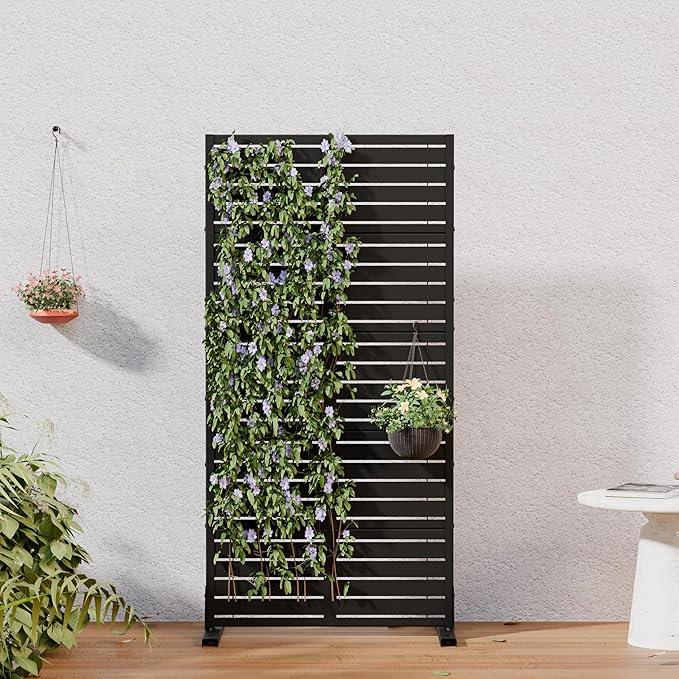 Casaphoria Metal Privacy Screen Outdoor, 60" H x 30" W Freestanding Decorative Privacy Screen for Patio Deck Balcony Garden with Stable Base, Black-Louvered