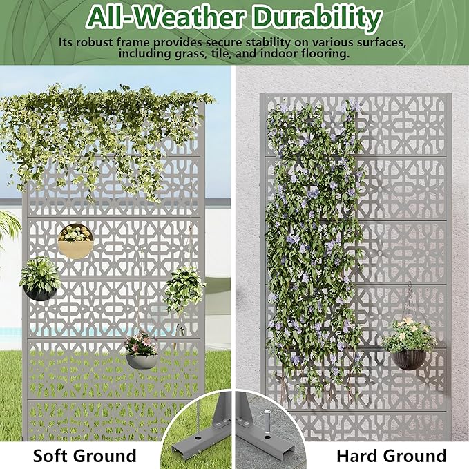 Casaphoria Metal Privacy Screen Outdoor, 72" H x 35" W Freestanding Decorative Privacy Screen for Patio Deck Balcony Garden with Stable Base, Grey-Perilla