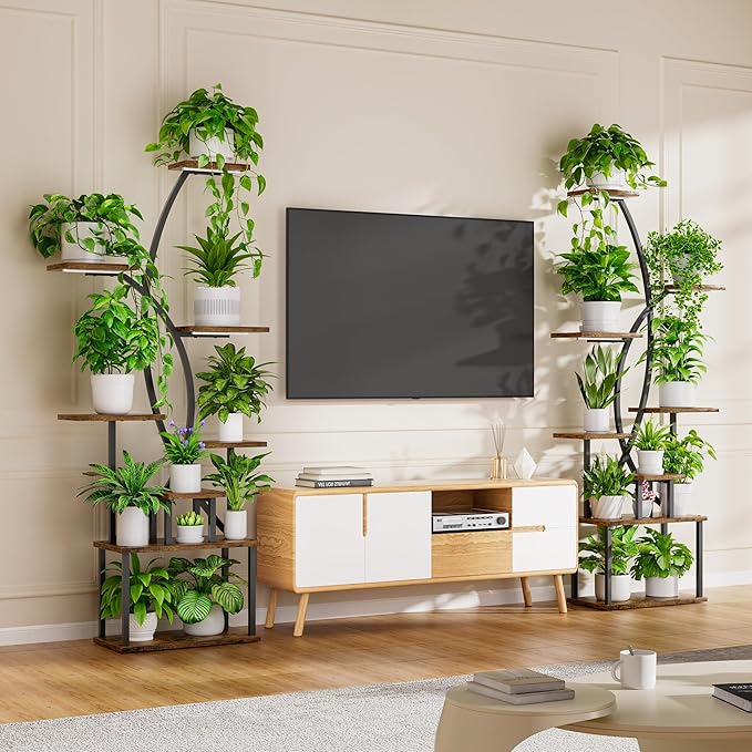Plant Stand Indoor with Grow Lights - 8 Tiered Tall Plant Shelf, 65" Metal Corner Shelf for Indoor Plants Multiple, Large Curved Half-Moon Flower Holder Stand Display Rack for Patio, Home, 2 Pack